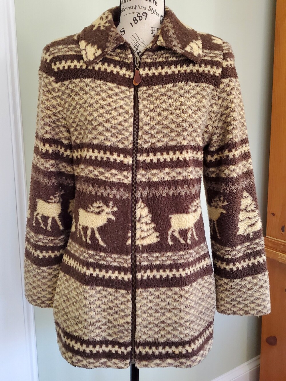 Vintage Ethan Andrews Moose Pine Tree Zip Fleece Jacket Sweater S